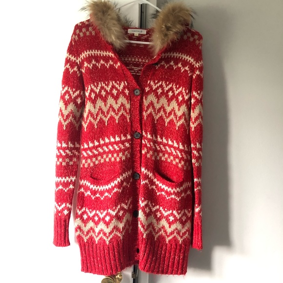 Fur hooded long button wool blended red cardigan - Picture 1 of 3